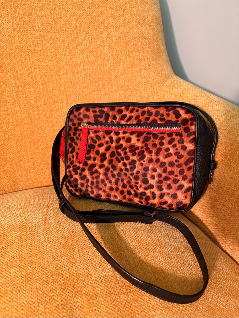 Boden Leopard-Print Crossbody with Black Trim and Red Zipper